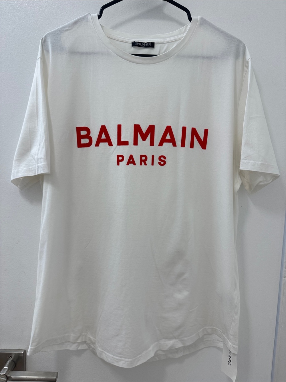 Balmain White Short Sleeve Tee with Red Logo